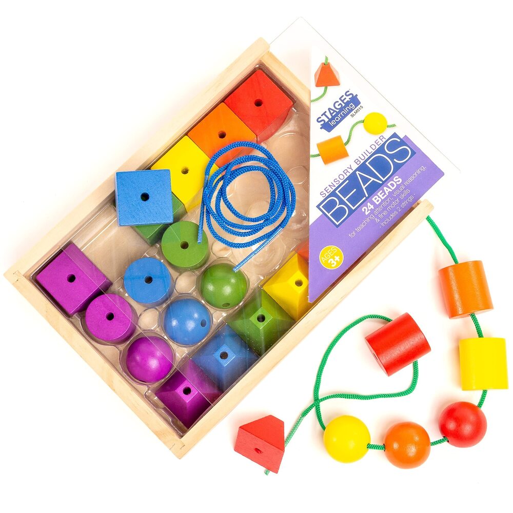 3540 Sensory Builder Colorful Wooden Stringing Beads in Wooden Storage